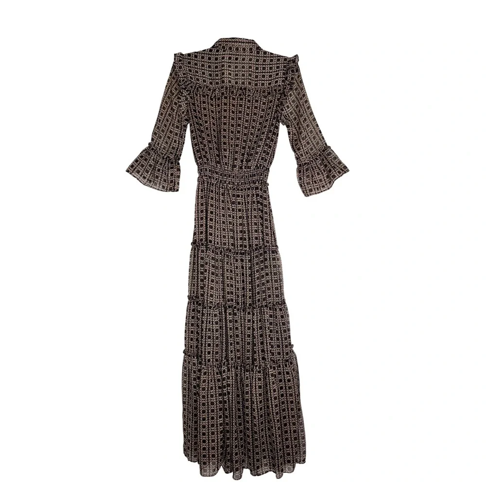 MISA Los Angeles Geometric Print Tiered Maxi Dress Flutter‎ Sleeve Collared XS/S - Picture 4 of 8